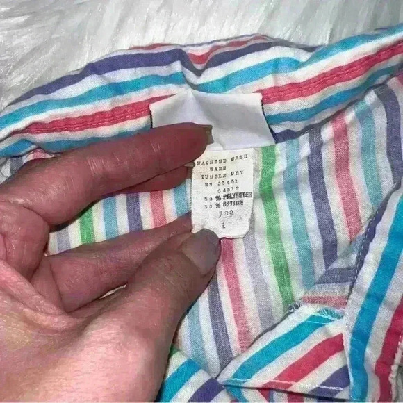 Vintage Avon Fashions Pullover Short Sleeve Button Down Pastel Rainbow Stripe L - Picture 5 of 6